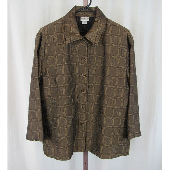 Chico's Size 1 Medium Brown Gold Shirt Jacket Shacket Button up Collared Funky - Picture 1 of 5
